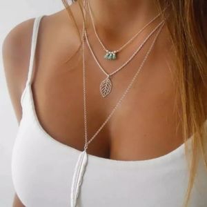 Dainty Silver Layered Feather Leaf Boho Necklace